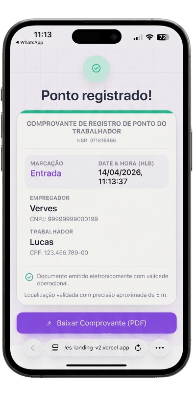 Tela mobile de registro de ponto com identificação